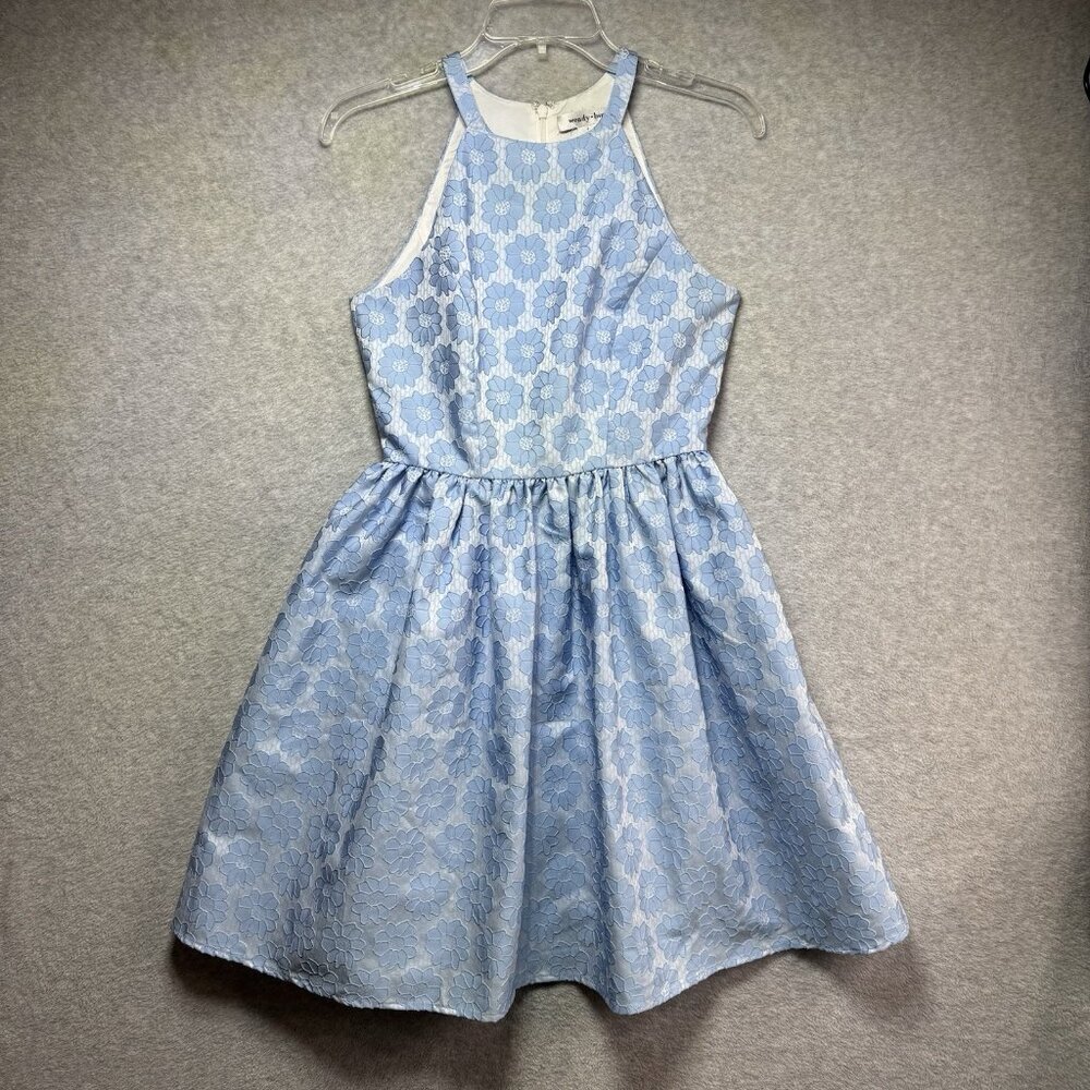 Wendy Bird Dress Size 2 Floral Blue Flowers Embroidered Jacquard Fit & Flare